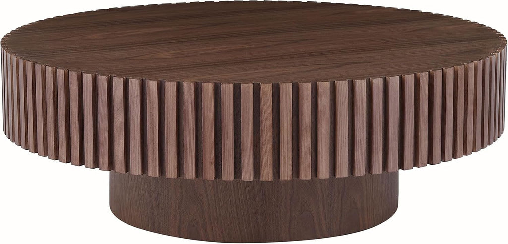 31.49' Coffee Table, Round Coffee Table Fluted, Wood Coffee Table for Living Room, Handcrafted Relief Carving, Easy Assembly, Walnut