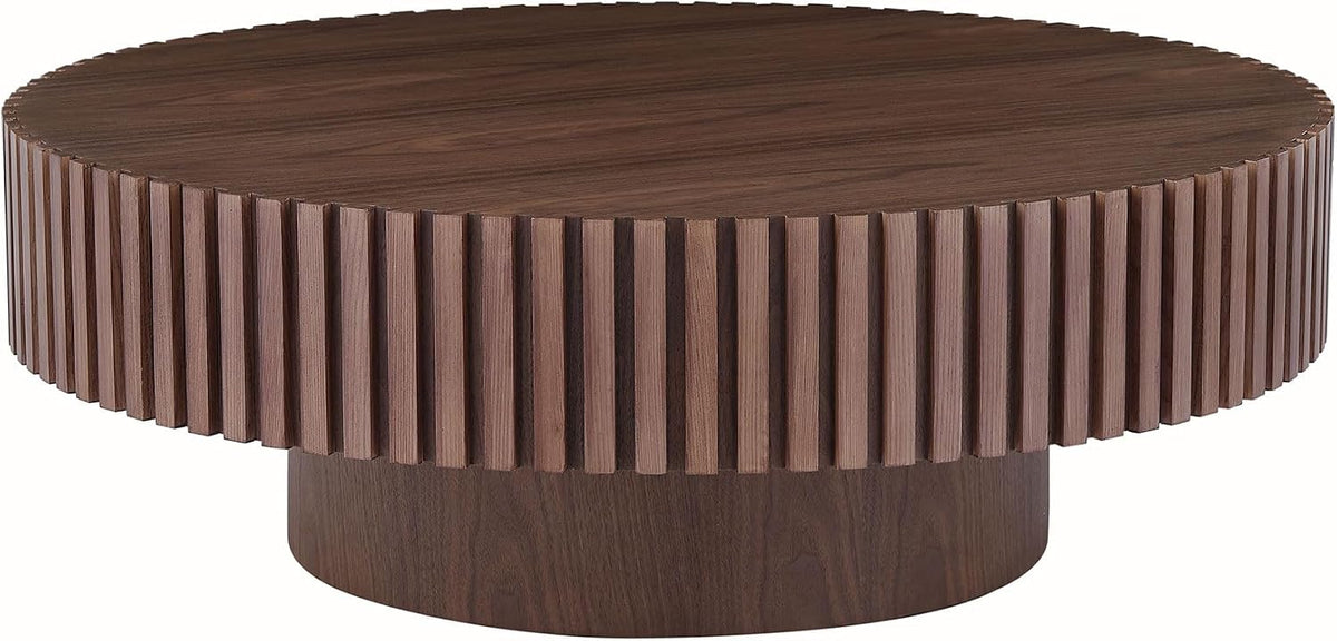 31.49' Coffee Table, Round Coffee Table Fluted, Wood Coffee Table for Living Room, Handcrafted Relief Carving, Easy Assembly, Walnut