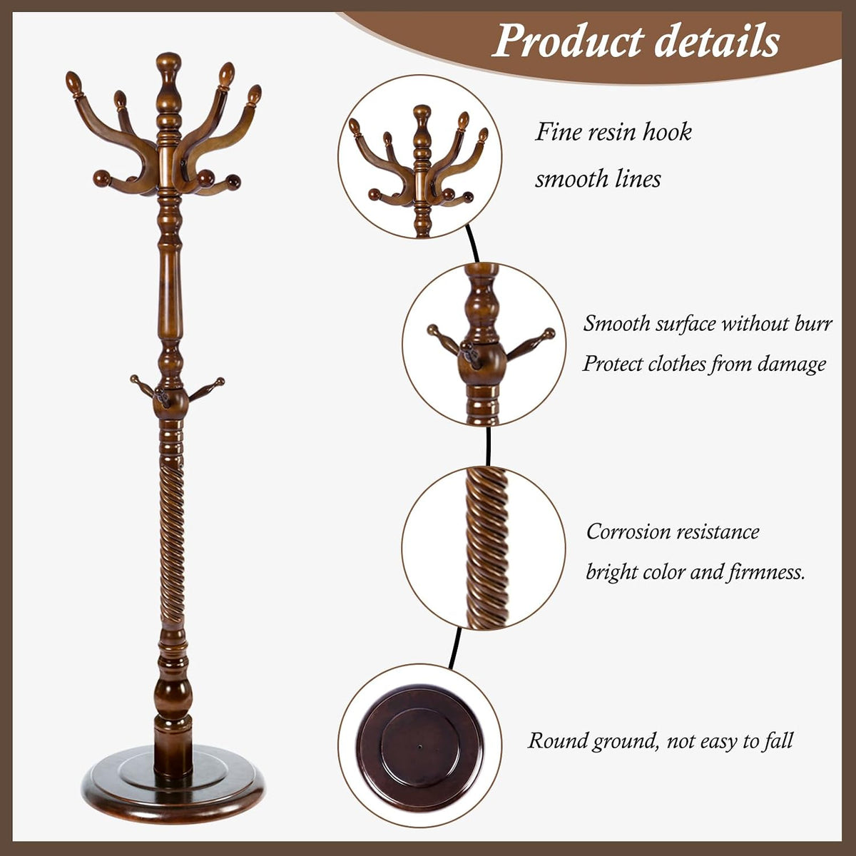 Wooden Coat Rack Freestanding, Vintage Coat Racks with Sturdy Round Base, Adjustable Height 37.40'-72.83' Entrance Coat Rack for Bedroom Living Room Entryway (Vintage Circular)
