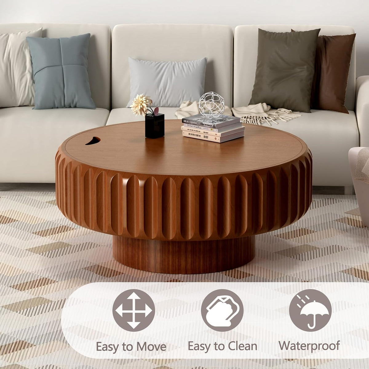 31.5'' Wooden Round Coffee Table with Storage, Modern Luxury Circle Drum Center Tables with Solid Wood Fluted, Accent Round Coffee Table for Living Room Apartment Small Space, Walnut