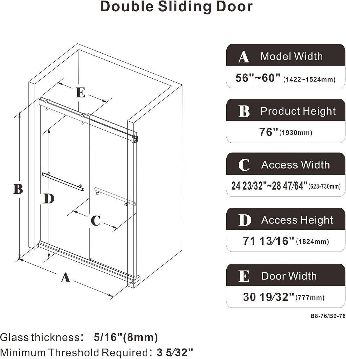 Frameless Sliding Shower Door, 56-60' W x 76' H Glass Shower Door with 5/16' (8mm) Clear Tempered Safety Glass, Stainless Steel Hardware, Double Sliding Shower Door, Matte Black