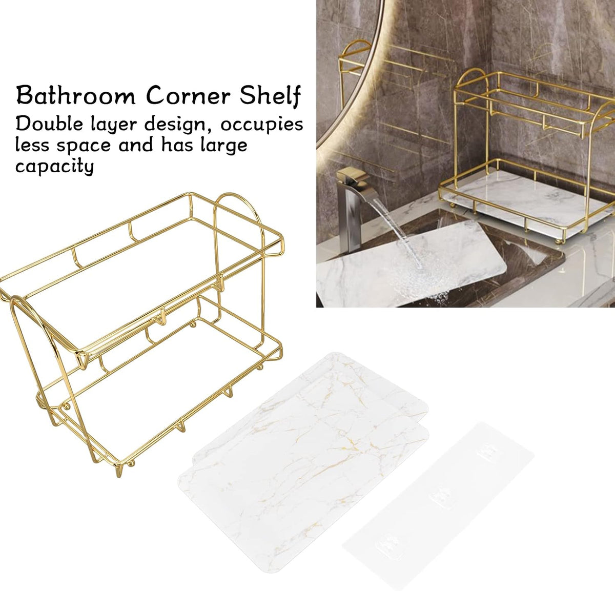 MaikOn Bathroom Glass Shelf,Bathroom Glass Shelf, 2 Tiers Gold Bathroom Countertop Rack Metal Storage Shelf Bathroom Corner Shelf Bathroom Countertop Rack Bathroom Container for Home Hotel Gold