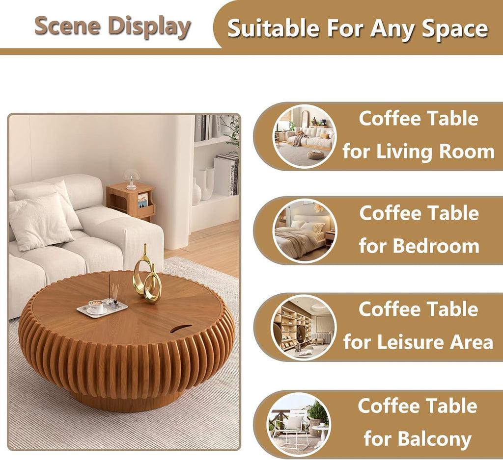 Round Handcraft Fluted Coffee Table with Sturdy Stable Pedestal Modern Luxury Drum Center Table Circle Accent Base Center Tables for Living Room Apartment (Q)