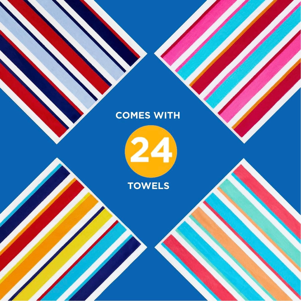 Kaufman - Joey Velour Colored Classic Multi-Color Stripe Beach & Pool Towel - Large 100% Combed Cotton Beach Towel - Soft & Absorbent Colorful Towels - 32' x 62' - 24 Pack