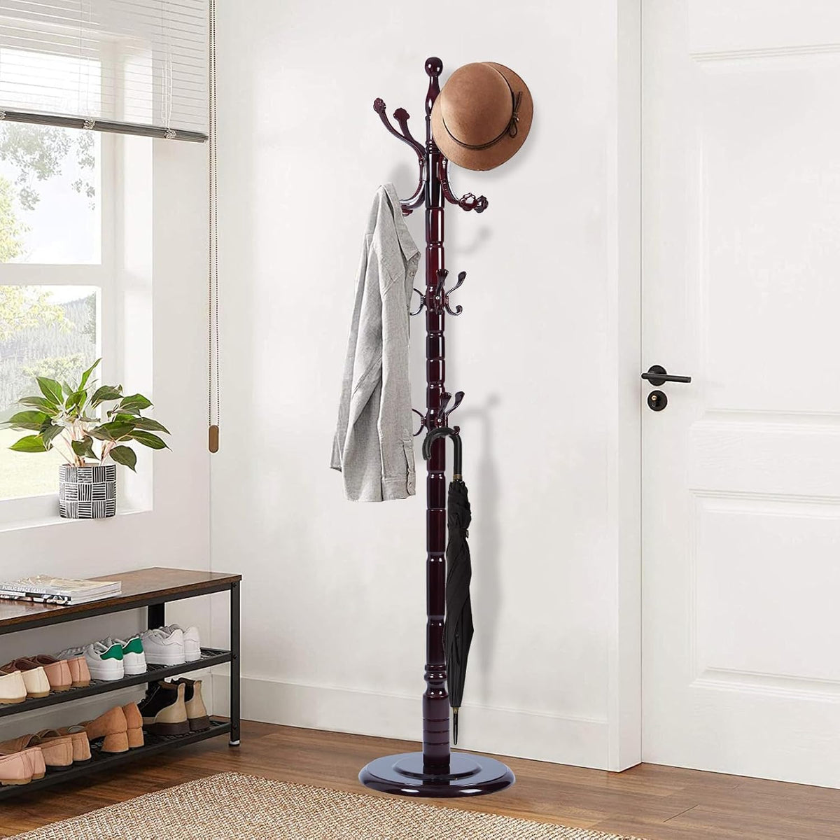 Wooden Coat Rack Freestanding, Vintage Coat Racks with Sturdy Round Base, Adjustable Height 37.40'-72.83' Entrance Coat Rack for Bedroom Living Room Entryway (Rosewood Ruyi Hook)