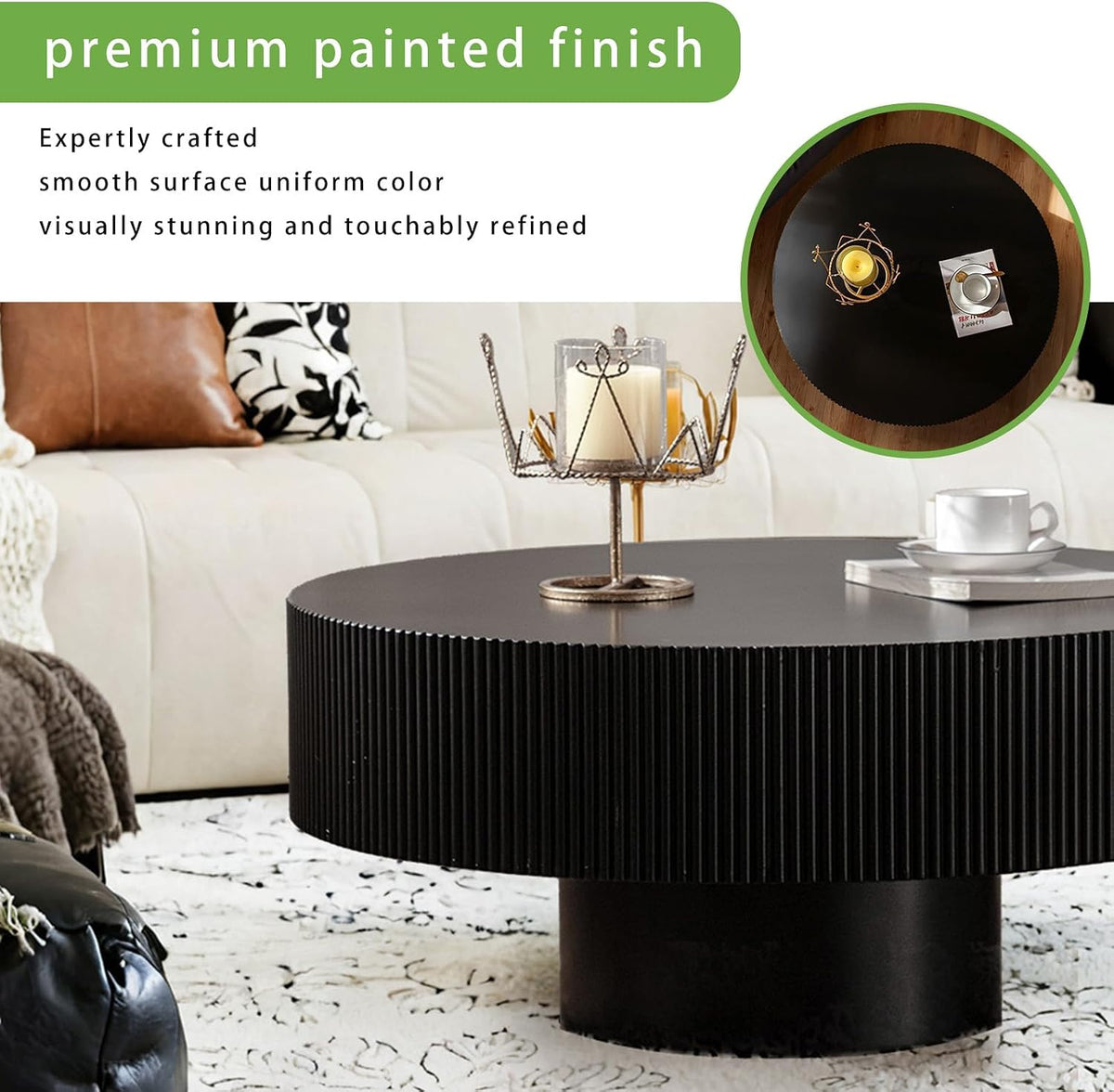 Modern Round Coffee Table for Living Room Drum Round Fluted Coffee Table Circular Pedestal Center Table for Office Patio (Black Thick)