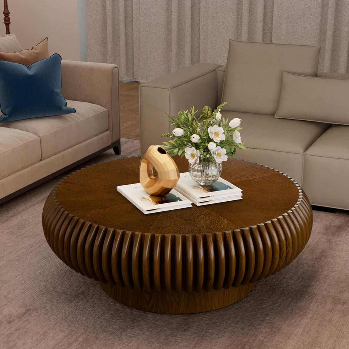 Round Handcraft Fluted Coffee Table with Sturdy Stable Pedestal Modern Luxury Drum Center Table Circle Accent Base Center Tables for Living Room Apartment (O)