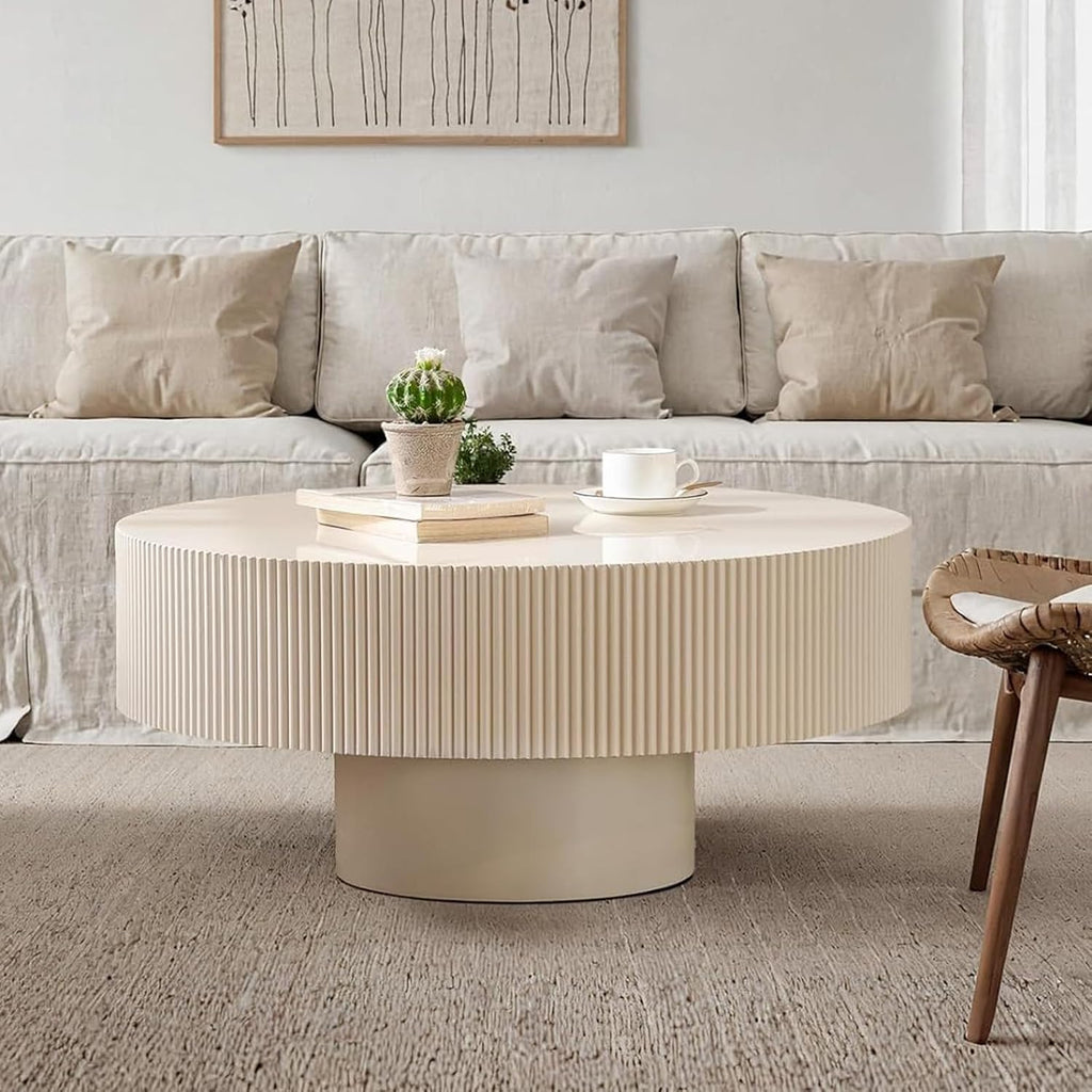 Round Drum Fluted Coffee Table for Living Room Modern Circle Coffee Table with Pedestal Center Tables Fluted Accent Tea Tables for Apartment Living Room (DS)