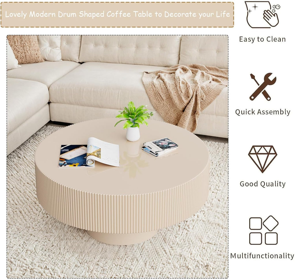 Round Fluted Coffee Table Modern Handcraft Drum Chipboard Wood Center Table, Unique Mid Century Aesthetic Low Coffee Table, for Living Room, Apartment,B