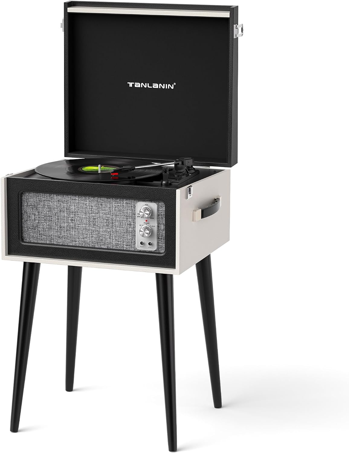 Vintage Standing Black Vinyl Record Player with Detachable Legs, Built-in 4 Speakers, USB to PC Encoding, 33/45/78 RPM LP Player Bluetooth Retro Turntables Support Headphone Jack, RCA Out, AUX in