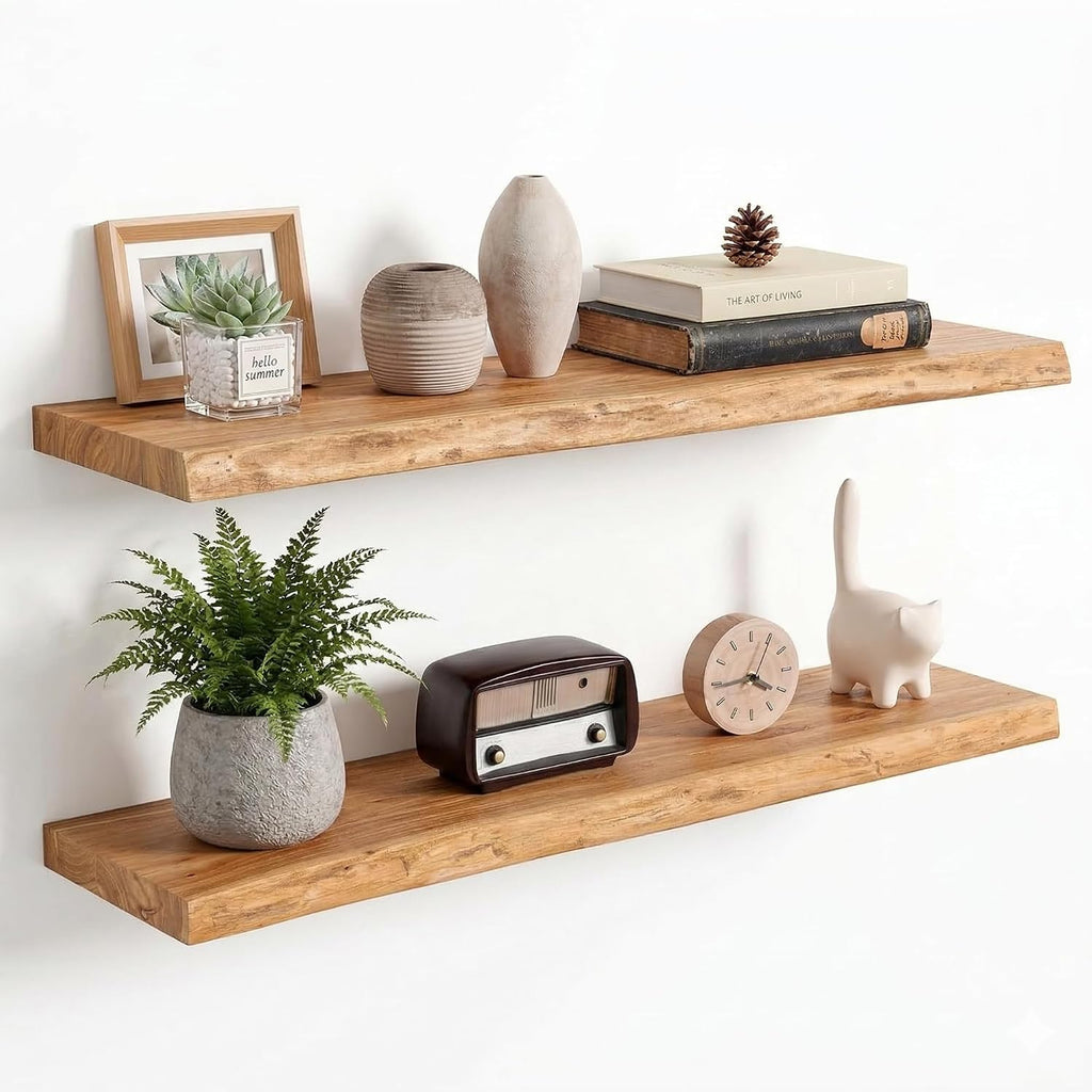 36'x9.2' Elm Floating Shelves for Wall, Live Edge, Natural, 2-Pack | 1.4' Thick Reclaimed Wood Shelves with Invisible Bracket for Living Room, Bedroom, Kitchen & Bathroom Storage