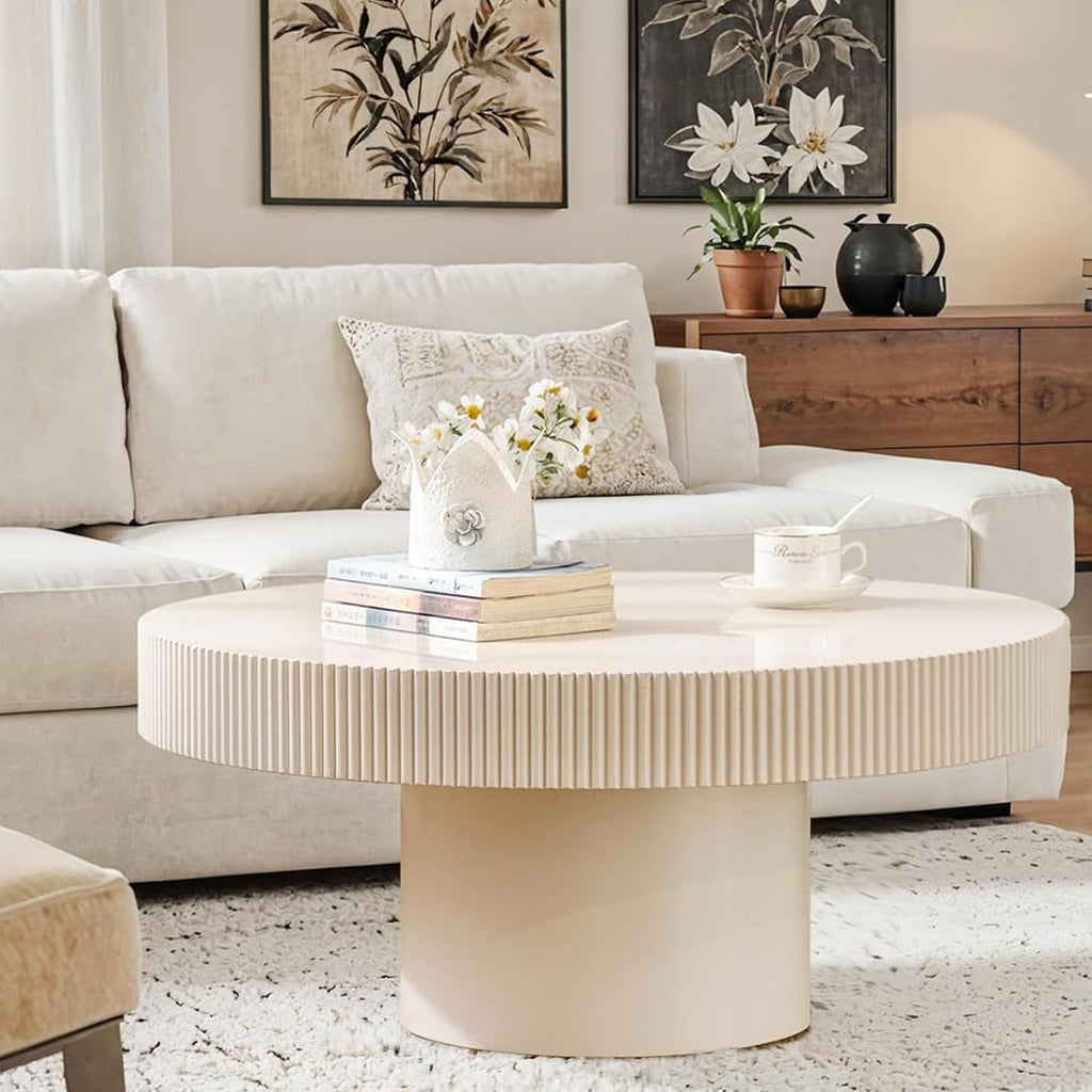 Round Coffee Table Farmhouse Coffee Table with Handcrafted Relief Circle Drum End Table for Apartment Living Room (White Thin)