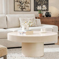 Round Coffee Table Farmhouse Coffee Table with Handcrafted Relief Circle Drum End Table for Apartment Living Room (White Thin)