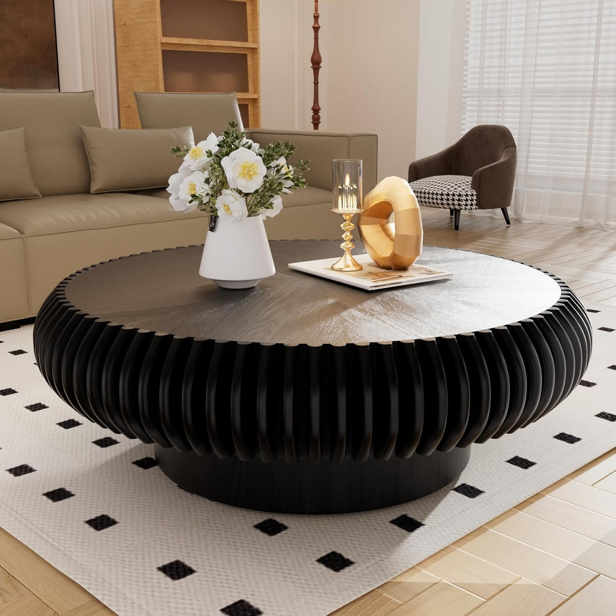 Black Round Drum Coffee Table Modern Circle Drum Fluted Wood Tea Table, Contemporary Center Table for Living Room (A Black 39.37' inch)