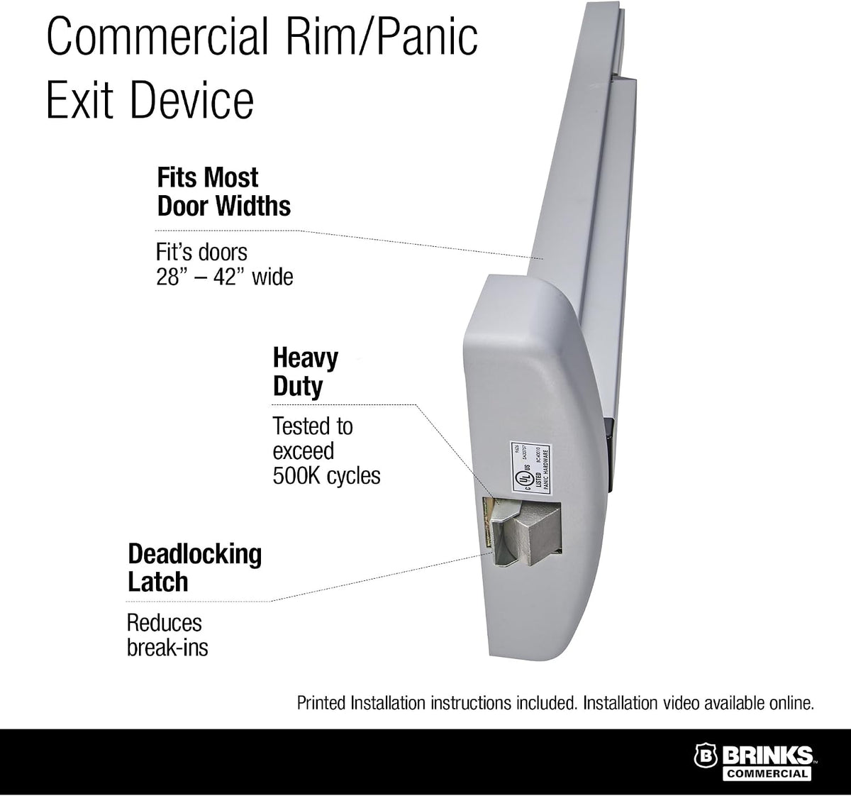 Brinks Commercial Rim Panic Exit Device, Aluminum - Durable Exit Device for Commercial and Industrial Doors