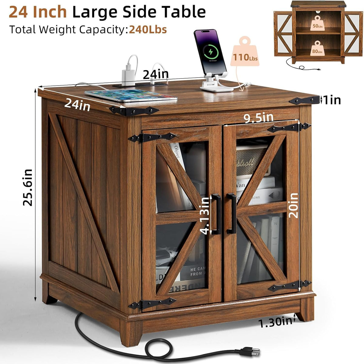 Joaxswe Farmhouse End Table with Charging Station, 24' Large Sofa Side Table with Glass Barn Door, Nightstand with Adjustable Storage Shelf,Wood Square Bedside Table for Living Room,Bedroom