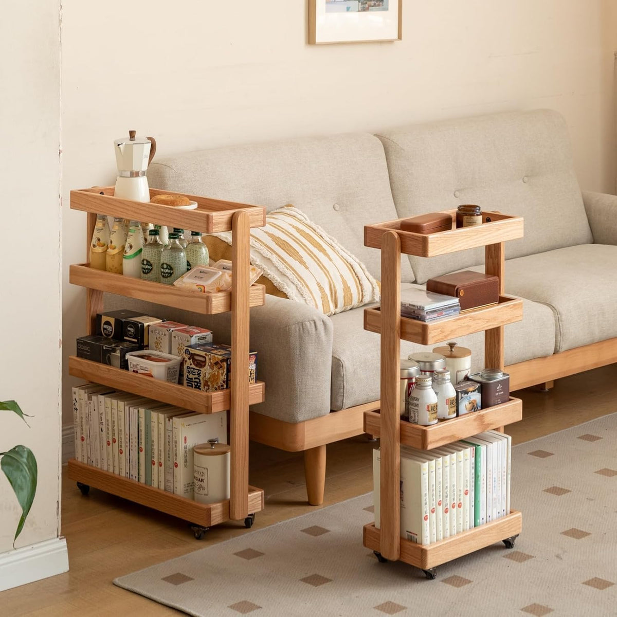 100% Solid Oak Art Storage Cart, 4-Tier Rolling Utility Cart with Wheels, Multifunctional Storage Trolley Shelving Unit on Wheels for Living Room Kitchen(Natural, 7.87' x 23.62' x 31.89')