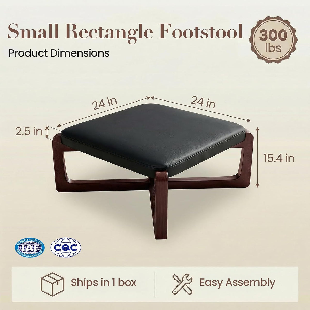 Faux Leather Square Coffee Table Ottoman,24' Coffee Table for Living Room Ottoman,Ash Wood Living Room Table,Small Footstool (Black)