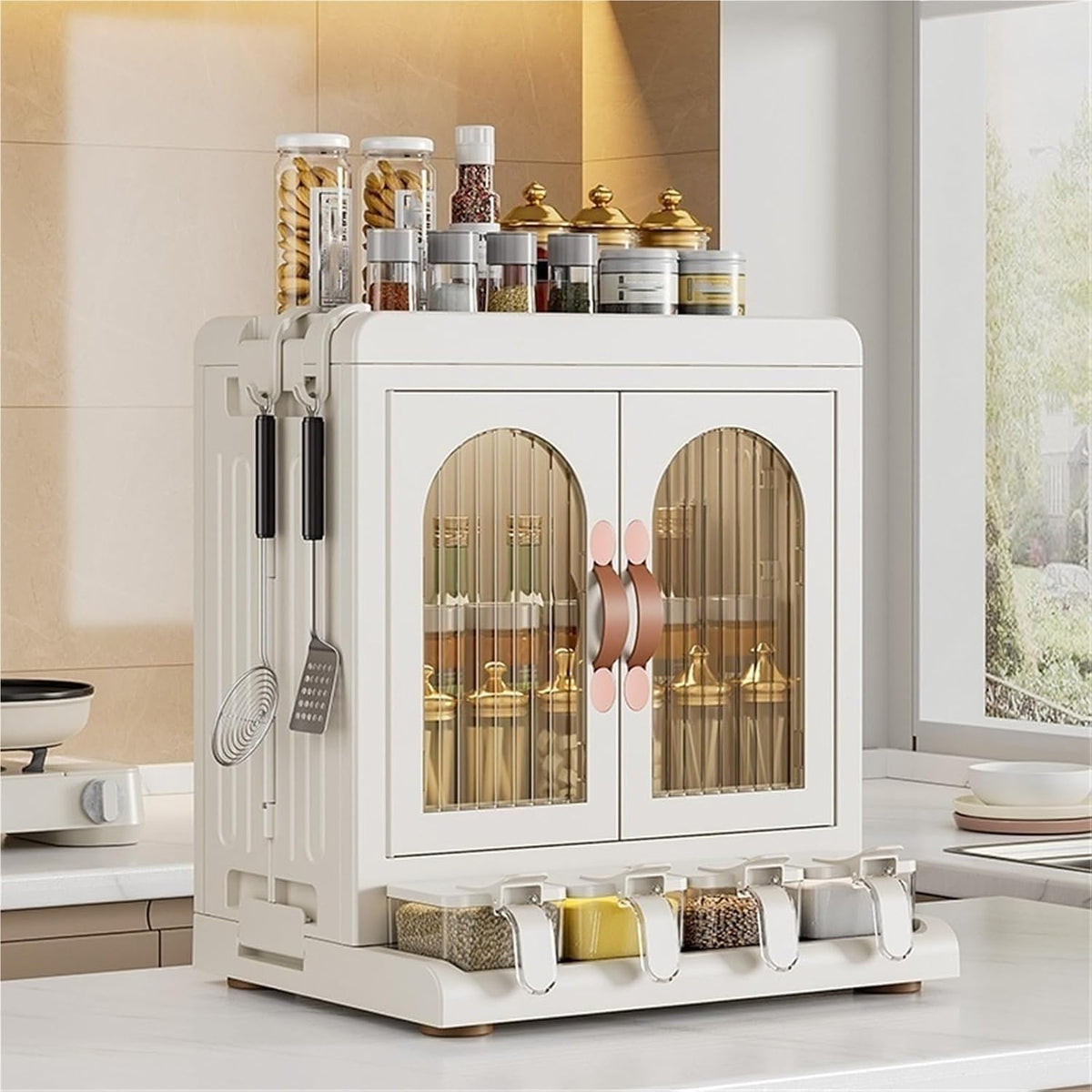 Spice Rack Organizer for Cabinet Kitchen Organizers and Storage Spice Organizer Moveable Corner Shelf with Hooks for Kitchen Countertop Pantry Space Saving