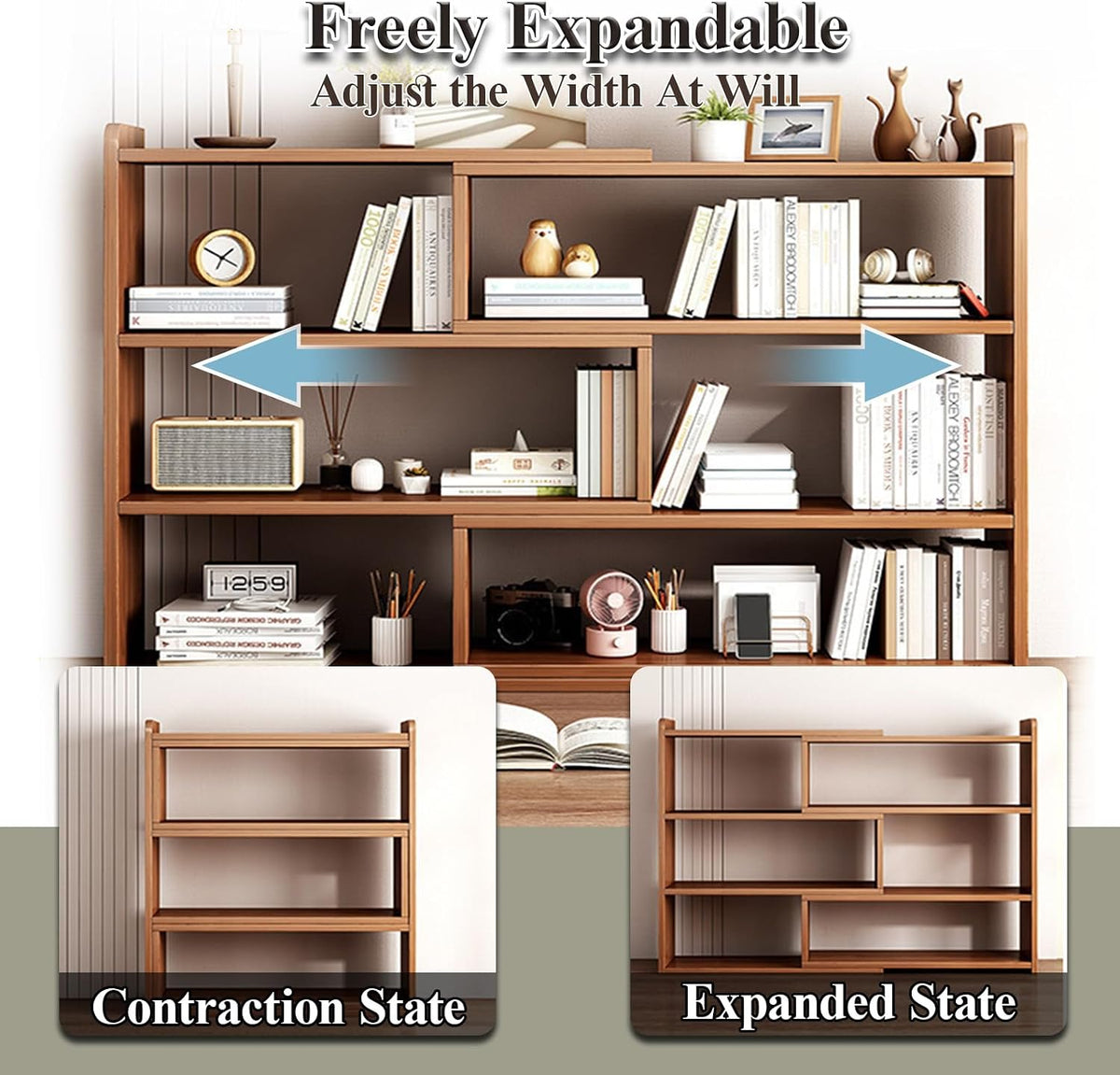 3 Tier Corner Bookcase, Wooden Extendable Shelf with Open Shelf Units, Decorative Display Storage Shelves for Living Room Bedroom Study Office (Walnut)