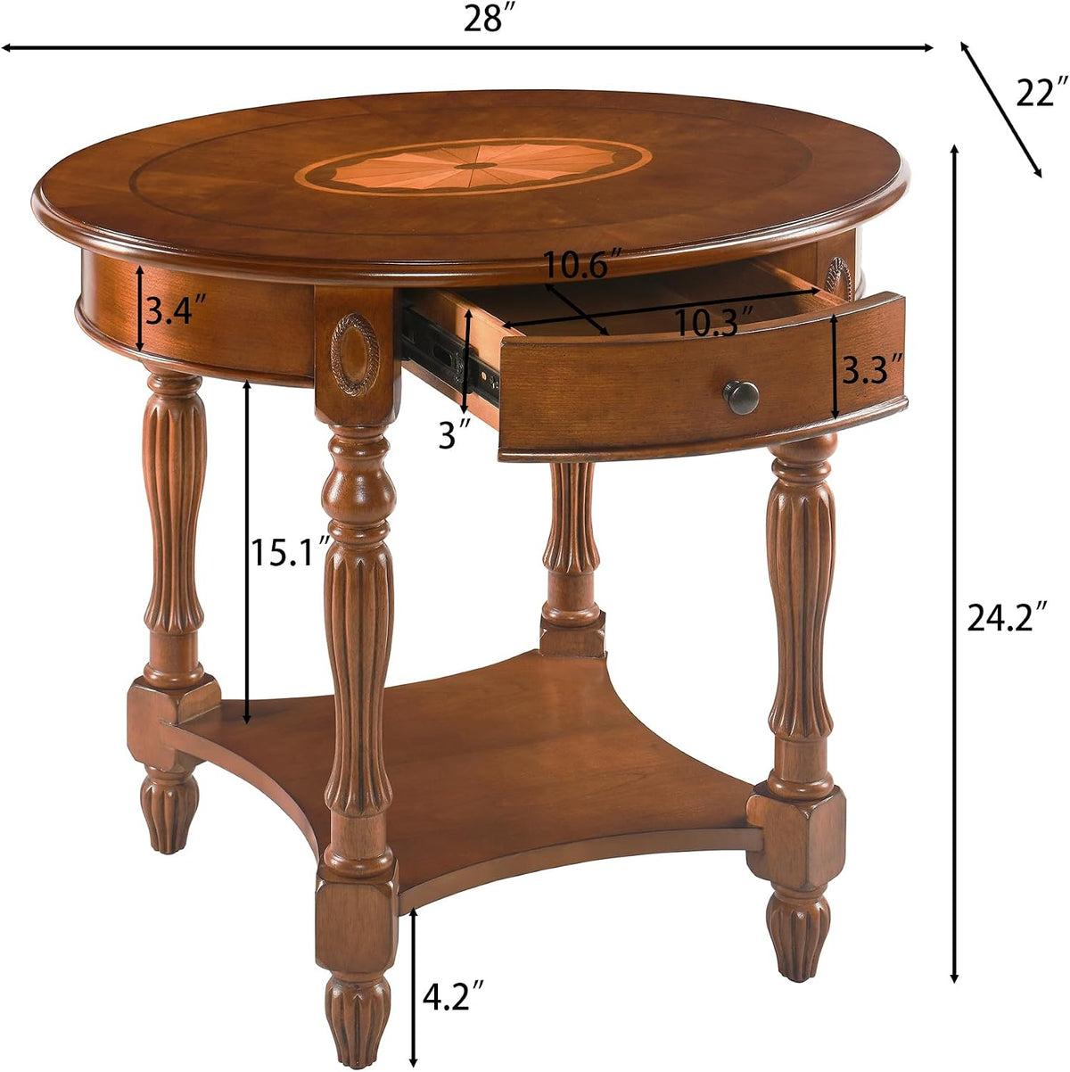Large Oval End Table with Drawer, Sofa Side Table with Storage Shelf, Solid Wood Beside Table with Unique Floral Tabletop, Home Table for Living Room,Beeswax No-Tools Install CJZ1533MG