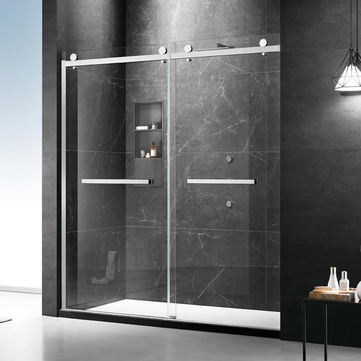 Milano Double Sliding Shower Door, 48 in.W x 74 in.H Framed Shower Door 5/16'(8mm) Clear Tempered Glass, 18 inch Pull Handle, Stainless Steel Hardware, Polished Chrome Finished
