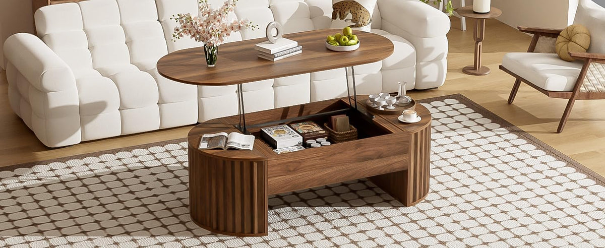 Lift Top Coffee Table with Storage Hidden Compartment, Partially Assembled Wooden Fluted Center Table, 47.2' Modern Oval Smart Lift Tabletop for Home Living Room Office-Brown