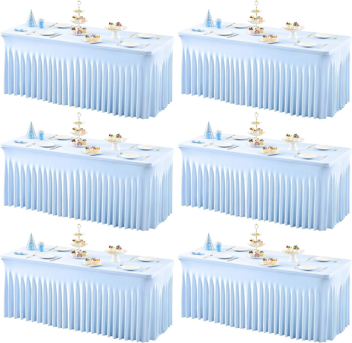 6 Packs Baby Blue Table Clothes for 8 Foot Rectangle Tables, One-Piece Wrinkle Resistant Stretch Spandex Table Covers with Skirt for Event Banquet Wedding Birthday Party