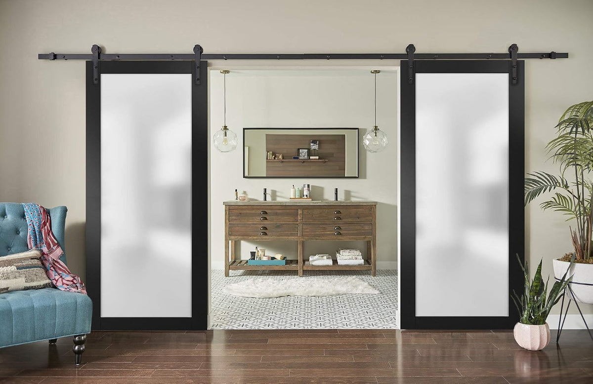 SARTODOORS Sturdy Double Barn Door with Frosted Glass | Planum 2102 Matte Black | 13FT Rail Hangers Heavy Set | Modern Solid Panel Interior Doors -84' x 80' (2 * 42x80)-Black Rail