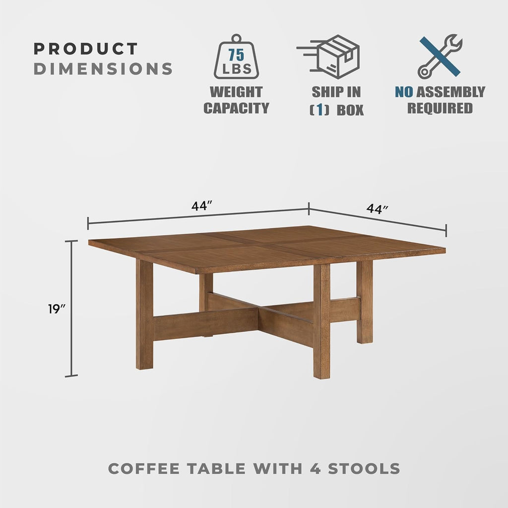 Lexicon 44' Square Coffee Table with 4 Upholstered Stools, Maple Veneer Wood Cocktail Table, Gray Upholstered Stools with Casters, Modern Living Room/Apartment Centerpiece, Full Assembled, Brown