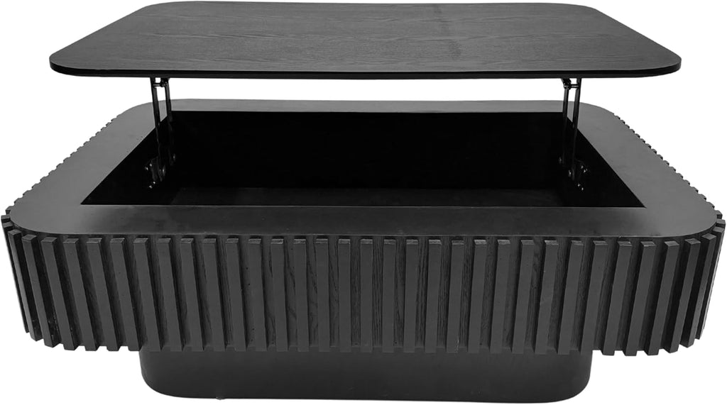 Lift Top Coffee Table with Storage, 38.6' Farmhouse Coffee Table with Lift Top, Modern Drum Wooden Fluted Coffee Center Tea Tables with Hidden Storage Compartment for Living Room Apartment,Black