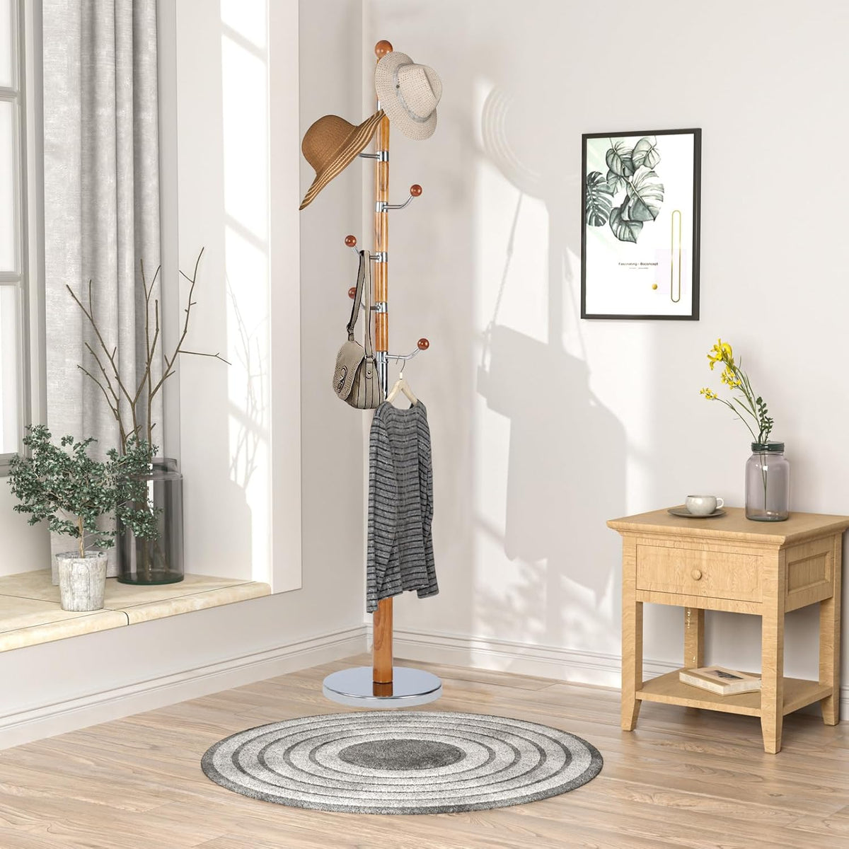 Wooden Coat rack freestanding, Coat racks stand with 6 Hook, Heavy duty coat tree standing Adjustable Heights for Bedroom, Entryway, Hallway, Office, Metal base (Nature)