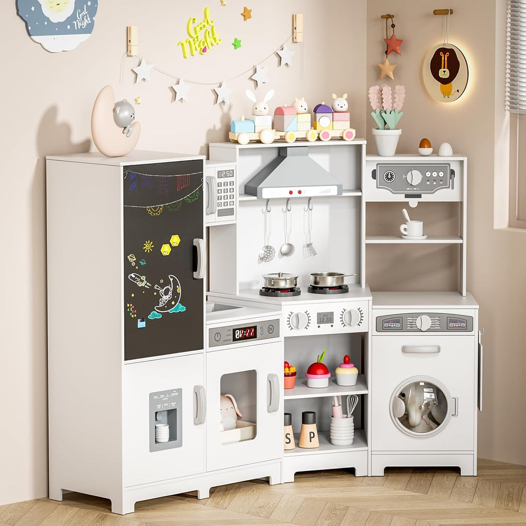 MAMIZO Wooden Corner Play Kitchen, Extra-Large Interactive Kids Kitchen Playset w/Lights & Sounds, Blackboard, Washing Machine, Ice Maker & 7 Accessories, Ultimate Pretend Toy Kitchens for Toddler