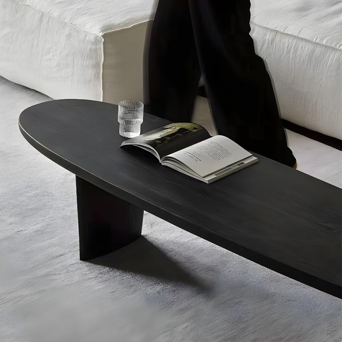 RUNNUP Black Wood Coffee Table Oval Modern Coffee Table Accent Center Sofa Table Cocktail Center Table for Small Apartment Living Room Easy Assembly, 59' L x 19' W x 16' H