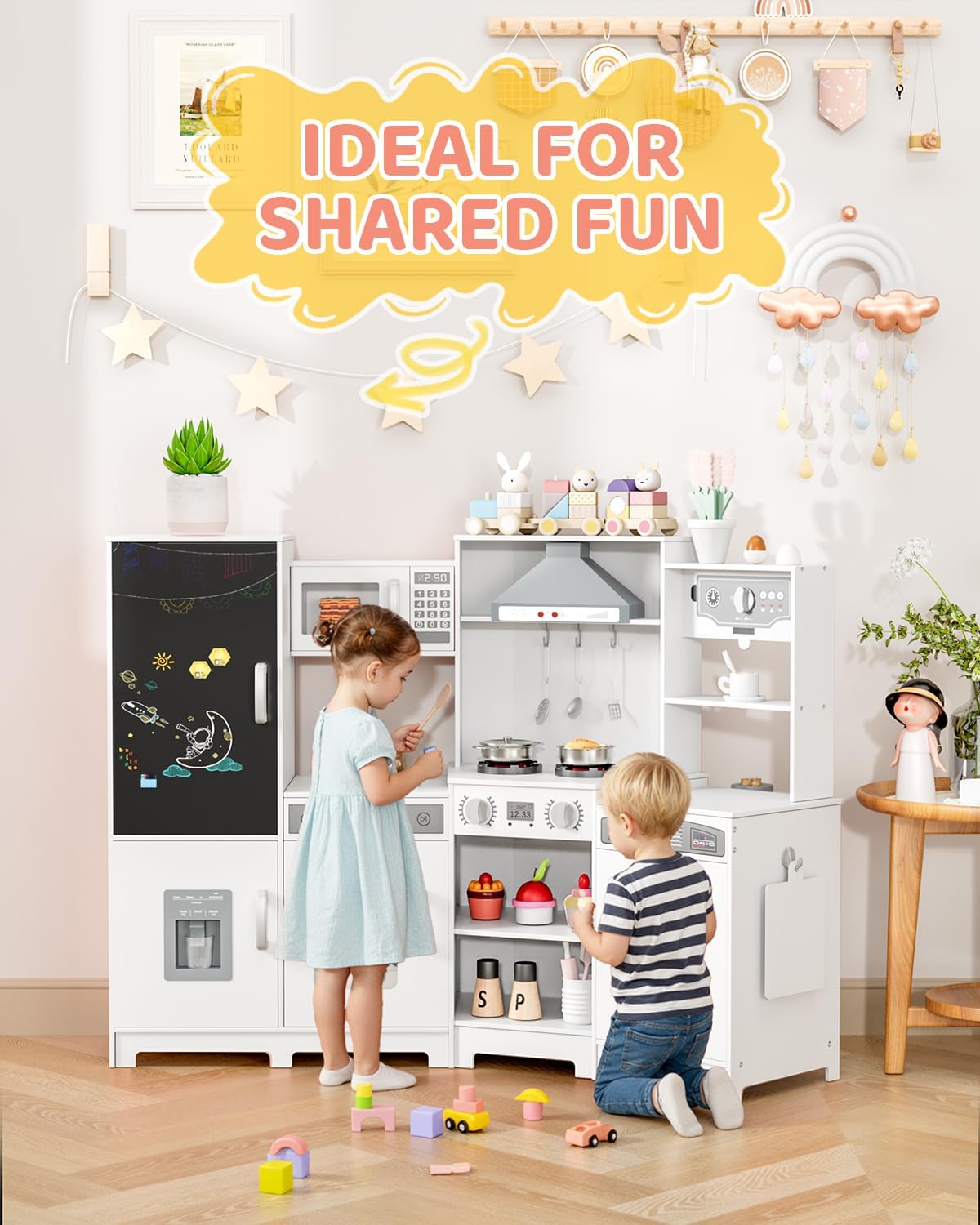 MAMIZO Wooden Corner Play Kitchen, Extra-Large Interactive Kids Kitchen Playset w/Lights & Sounds, Blackboard, Washing Machine, Ice Maker & 7 Accessories, Ultimate Pretend Toy Kitchens for Toddler
