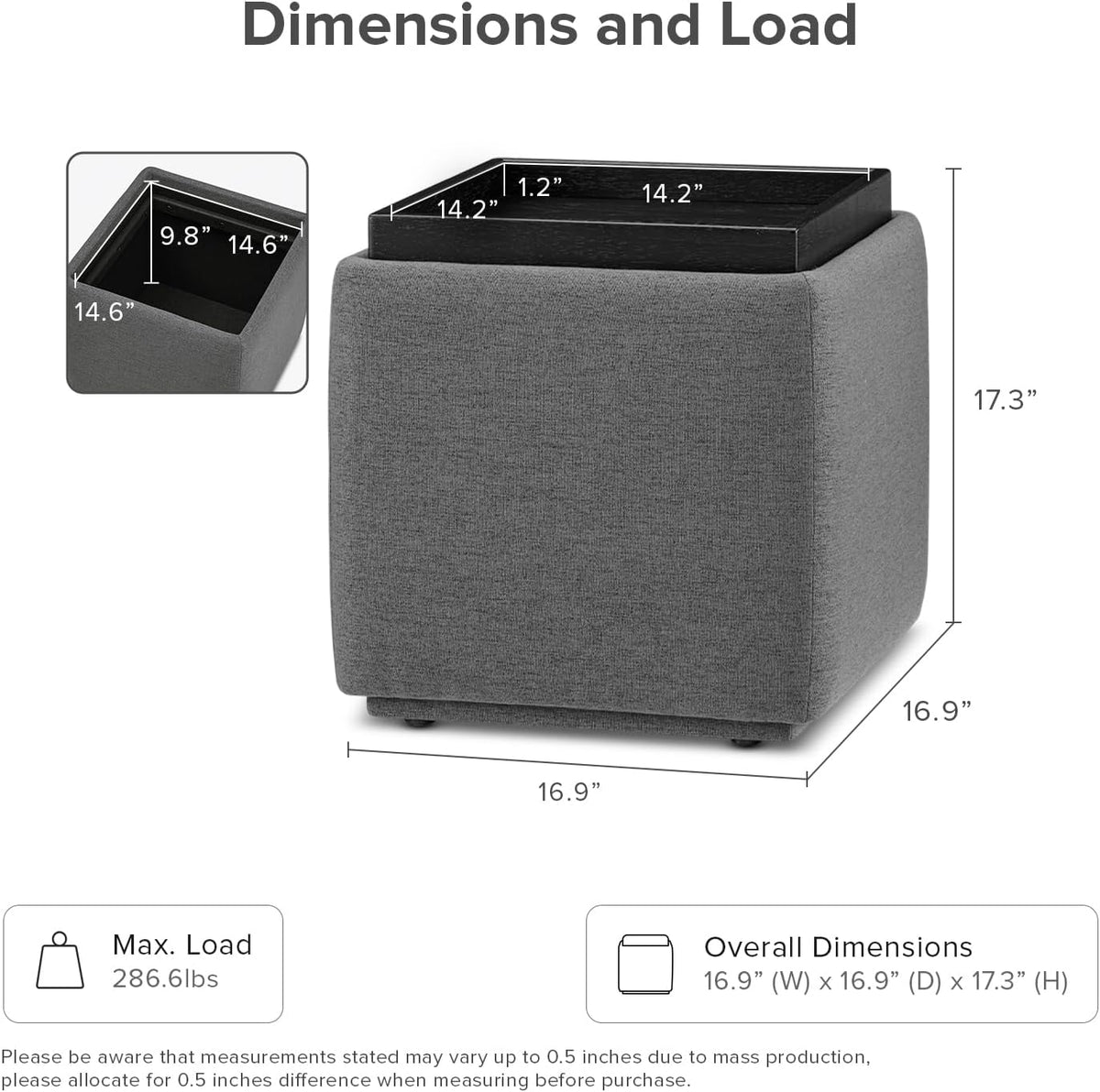 mopio Levi Storage Ottoman with Reversible Tray, Modern Square Chest Coffee Table, Upholstered Cube Sitting Foot Stools Ottoman for Living Room, Bedroom, Entryway (Fabric, Dark Gray)