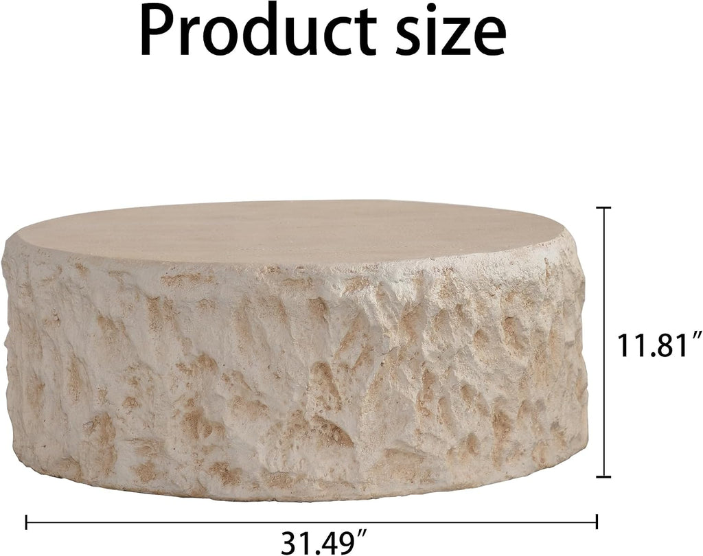 Round Coffee Table for Living Room Outdoor Faux Stone Coffee Table Amber Travertine Concrete Pattern, 31.49' Modern Faux Marble Center Tables Tea Tables, No Need Assemble, Beige