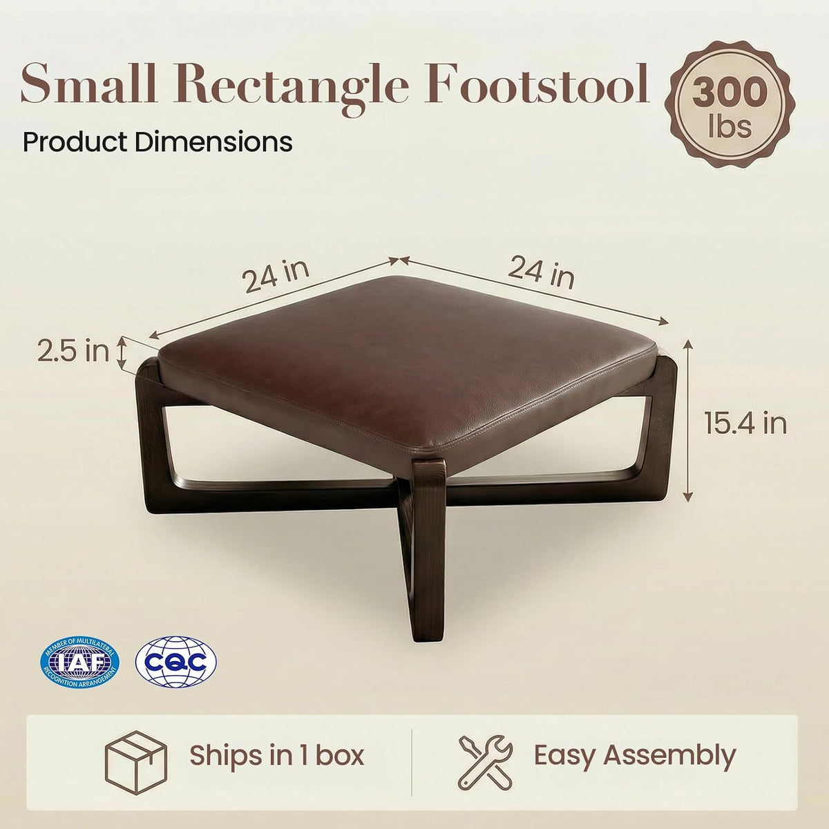 Faux Leather Square Coffee Table Ottoman,24' Coffee Table for Living Room Ottoman,Ash Wood Living Room Table,Small Footstool (Dark Brown)