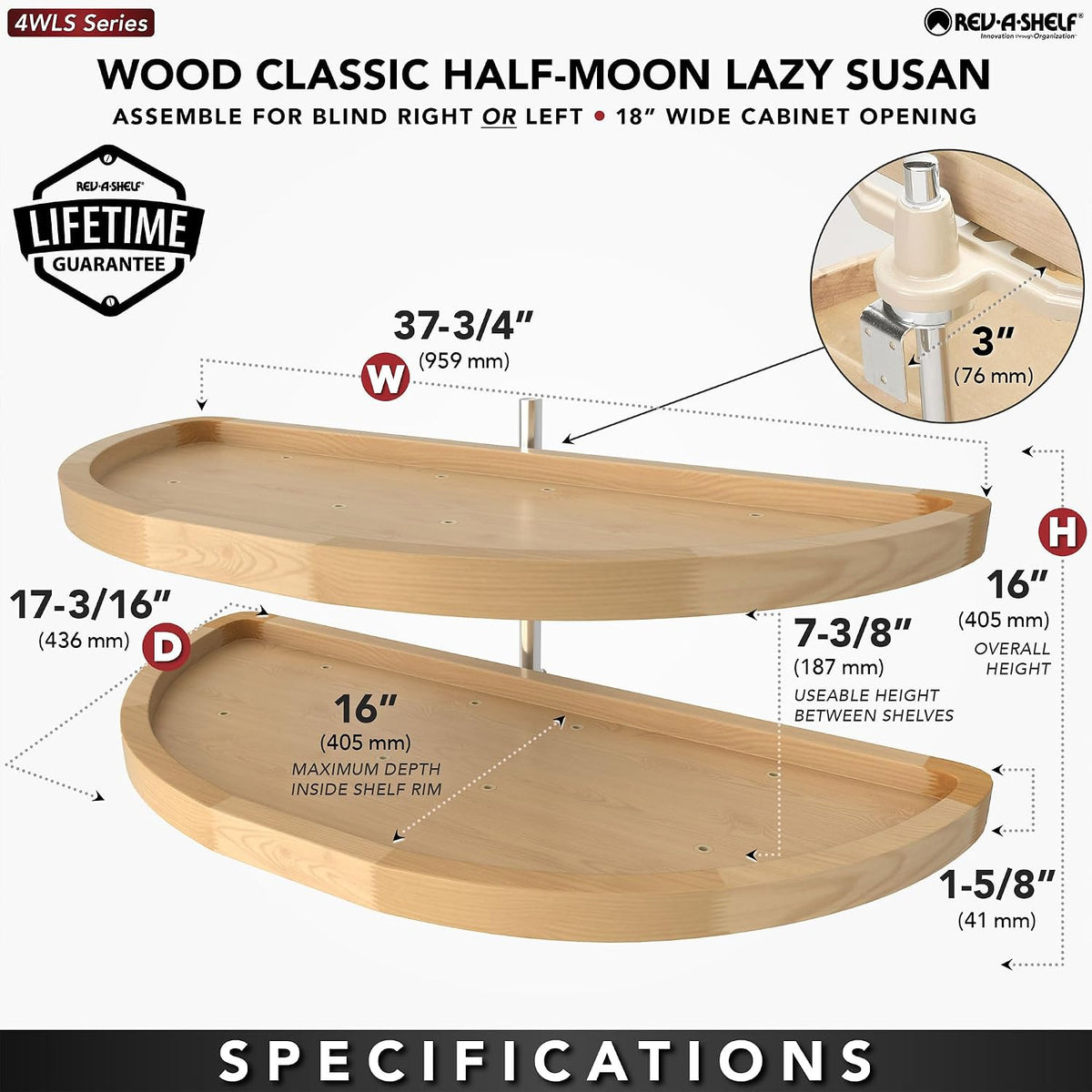 Rev-A-Shelf 38' Dual Shelf Half Moon Lazy Susan Organizer for Diagonal Blind Corner Kitchen Cabinets, Pullout Turntable Trays, Wood, 4WLS882-38-570