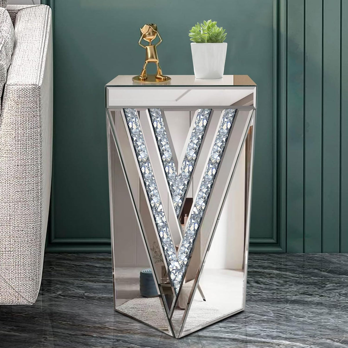 Pregaspor Silver Mirrored End Table, Gorgeous Side Table with Crystal Inlay, Small Mirrored Coffee Table for Living Room, Sofa, Bedroom, Corner