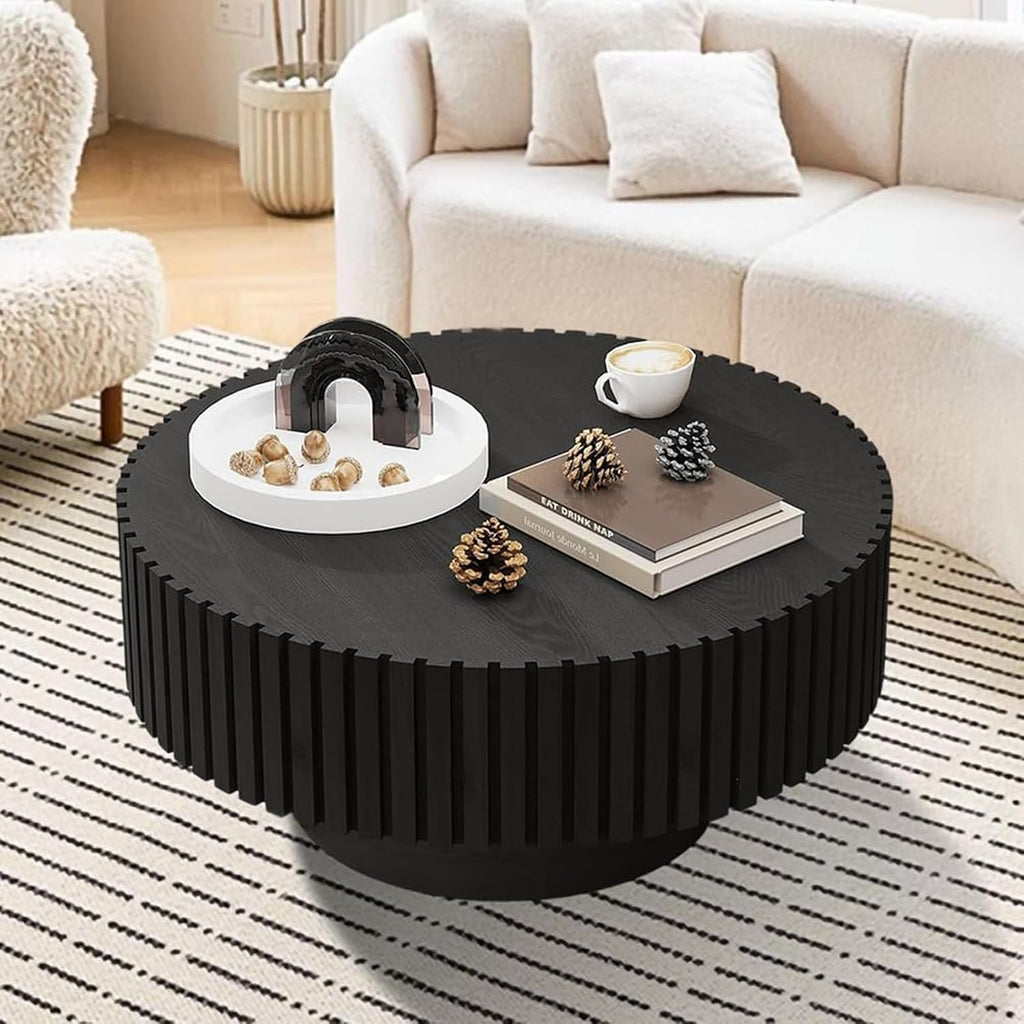 31.5' Round Drum Fluted Coffee Table for Living Room Modern Circle Coffee Table with Pedestal Center Tables Fluted Accent Tea Tables for Apartment Living Room (G)