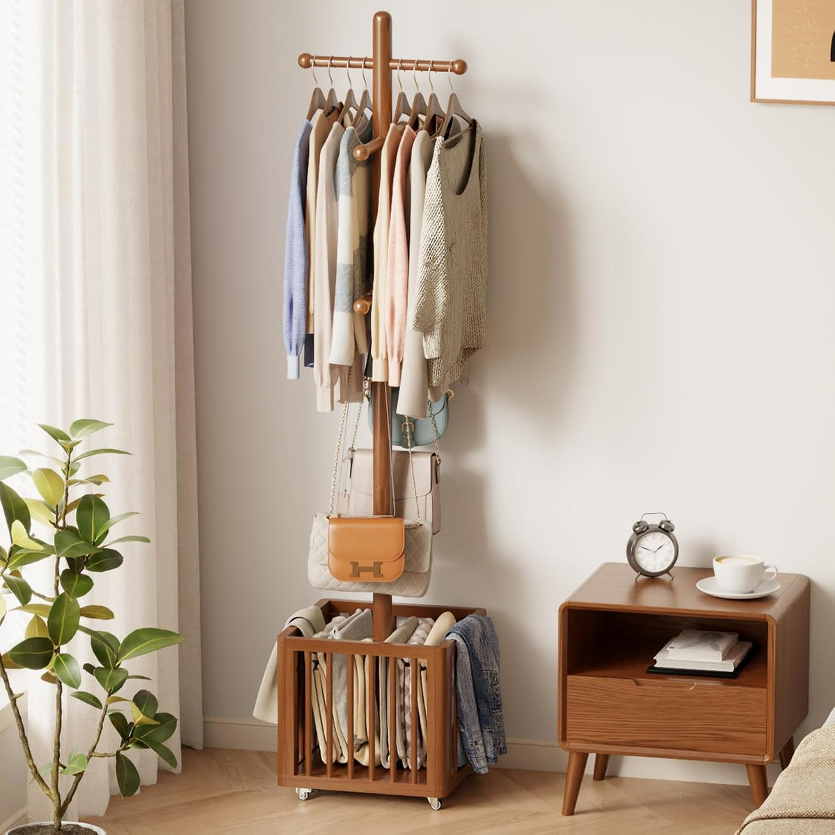Solid Wood Freestanding Coat Rack with 10 Adjustable Hooks, Storage Basket and Lockable Casters, Organizes Hats, Clothes and Bags for Entryway, Bedroom, Living Room