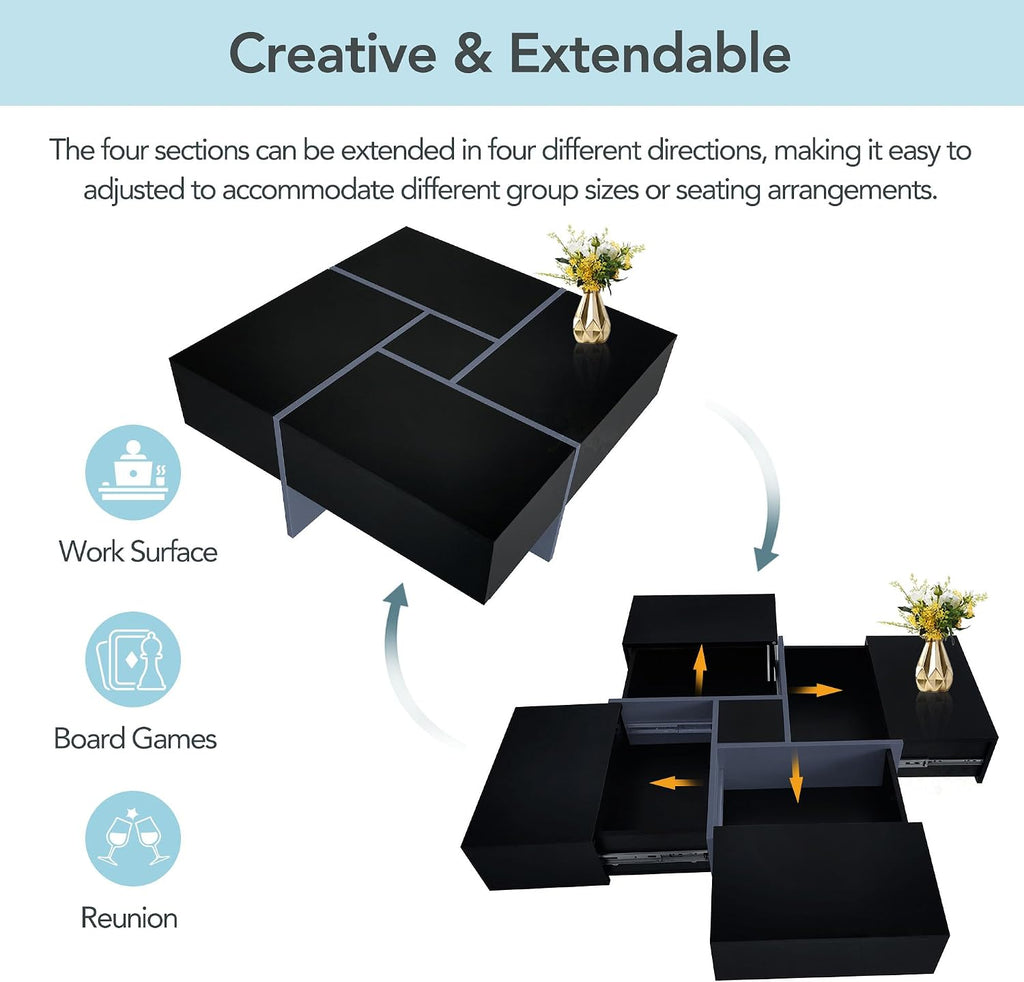 31.5' Black Square Coffee Table with 4 Hidden Storage Compartments, UV High-Gloss Design Wooden Center Table Cocktail Table for Living Room