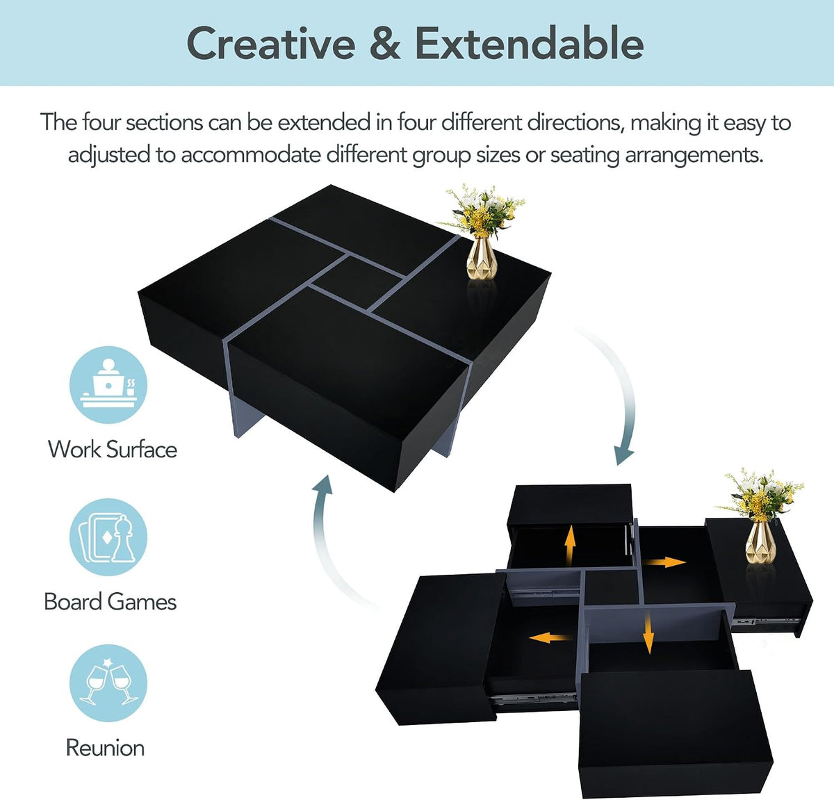31.5' Black Square Coffee Table with 4 Hidden Storage Compartments, UV High-Gloss Design Wooden Center Table Cocktail Table for Living Room