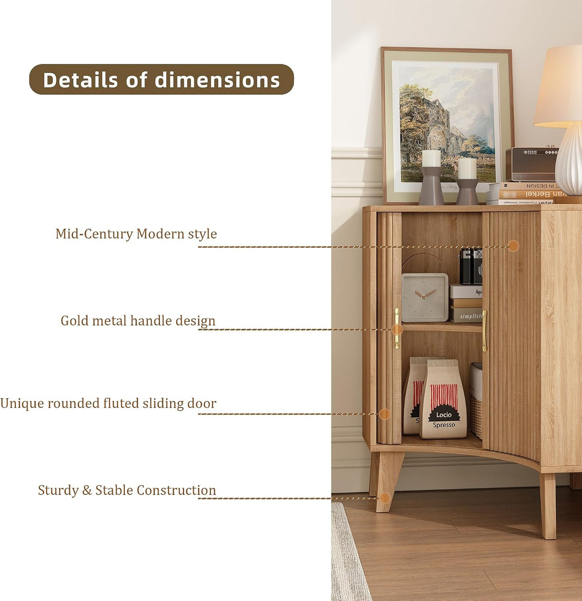 Fluted Corner Cabinet, Small Corner Floor Cabinet with 2-Sliding Doors and Adjustable Shelves, Freestanding Narrow Organizer for Small Space,Living Room, Dining RoomBathroom.Natural