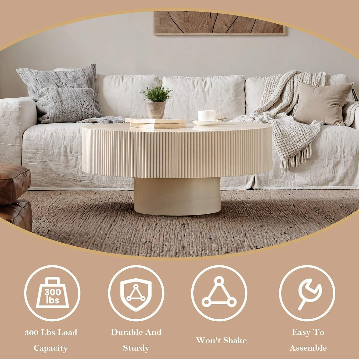 Round Drum Fluted Coffee Table for Living Room Modern Circle Coffee Table with Pedestal Center Tables Fluted Accent Tea Tables for Apartment Living Room (DS)