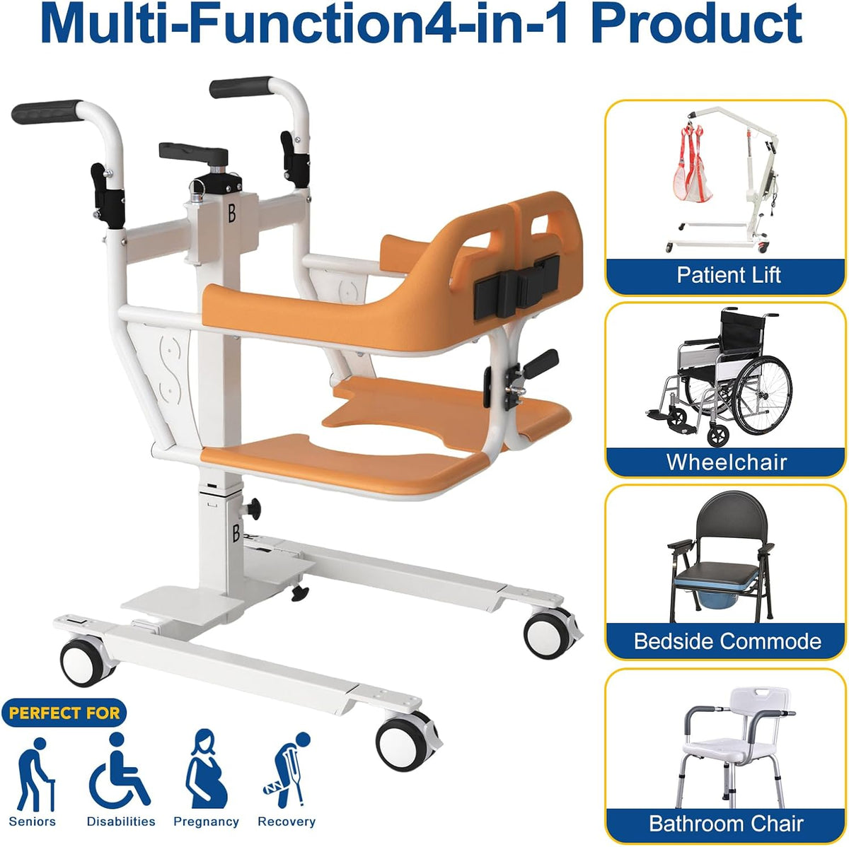 Patient Lift Transfer Chair for Home, 4 in 1 Portable Transfer Lift Chair for Seniors and Adults, 180° Split Seat & Adjustable Height, Easy to Use, Ships from USA