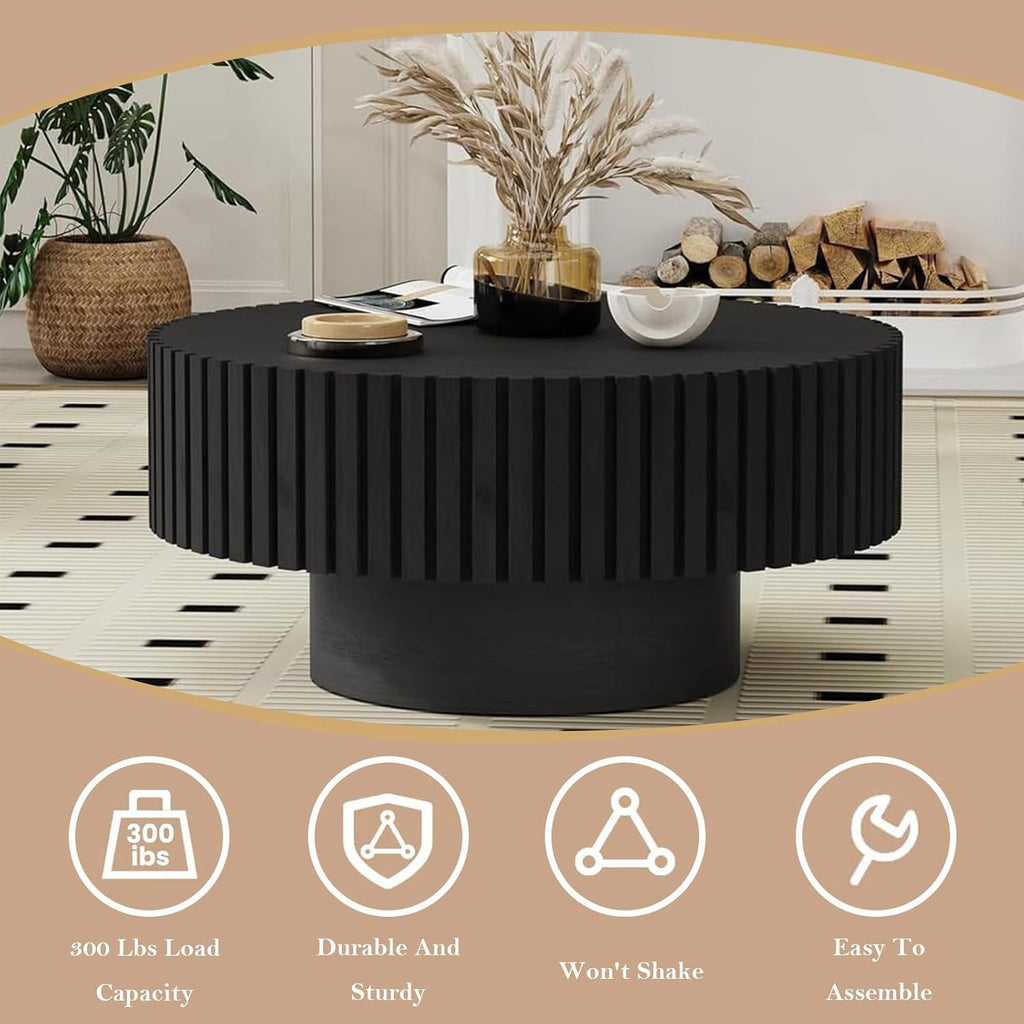 31.5' Round Drum Fluted Coffee Table for Living Room Modern Circle Coffee Table with Pedestal Center Tables Fluted Accent Tea Tables for Apartment Living Room (G)