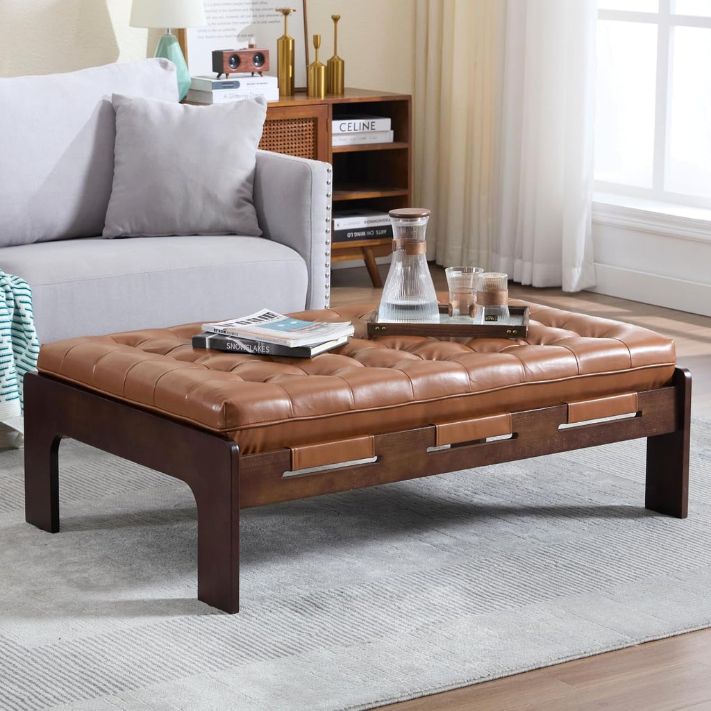 chairus 47.75' Large Rectangle Ottoman Coffee Table, Tufted Faux Leather Upholstered Living Room Coffee Table with Solid Wood Frame, Oversized Mid-Century Modern Footrest Ottoman, Brown PU