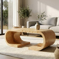 SSLine Mid-Century 47.24' Curved Coffee Table with Pedestal Base Burl Wood Veneer Natural Grain Top Center Table C-Shaped Center Tables for Living Room Bedroom